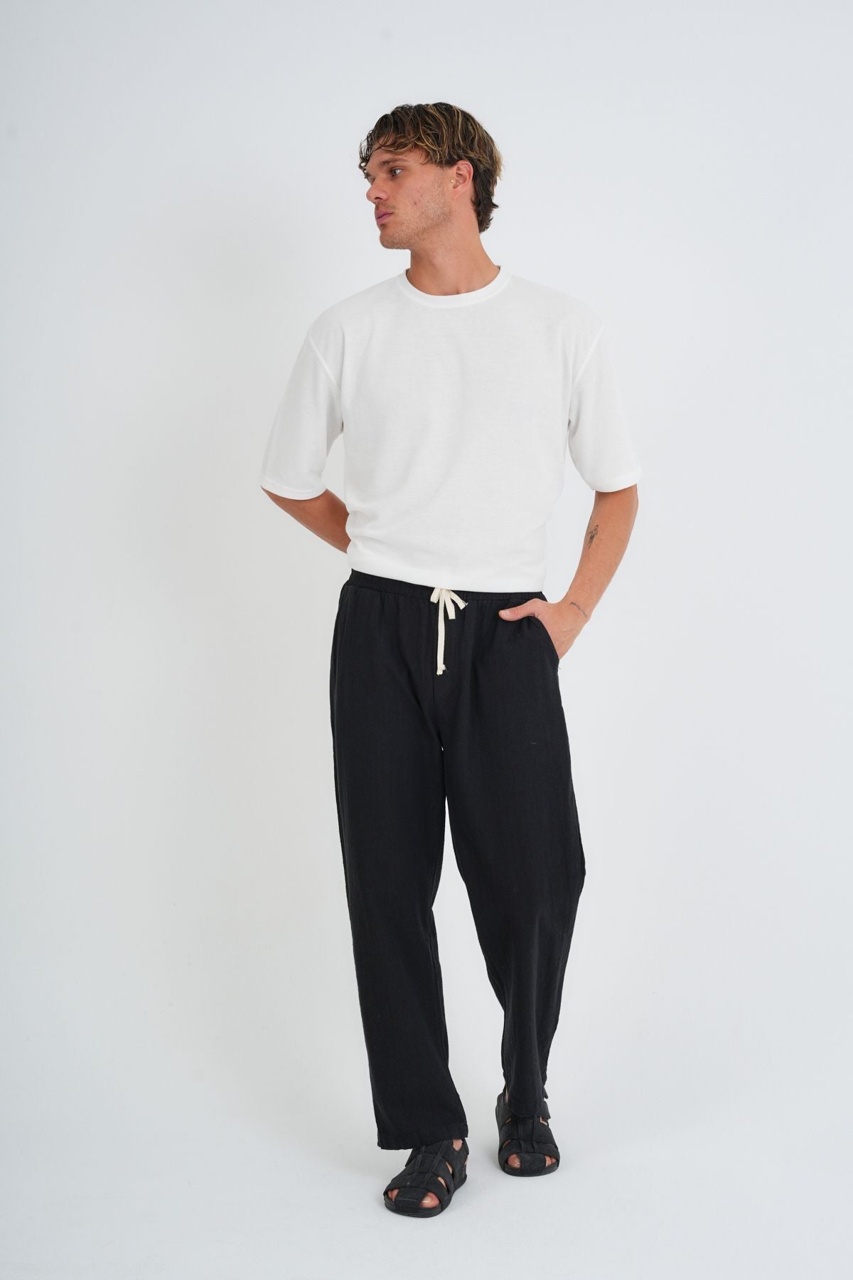 Comforted Erkek Baggy Keten Rahat Pantolon Bol Paça Yeni Sezon Siyah
