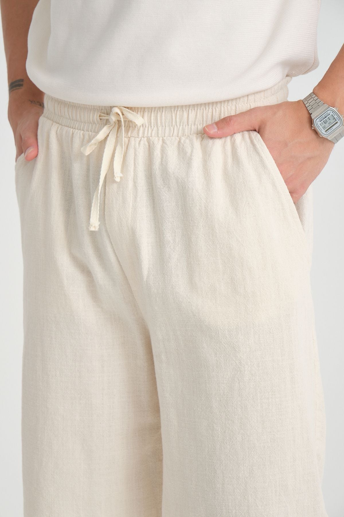 Erkek Baggy Fit Rahat Kesim %100 Pamuk Yumuşak Dokulu Şort Kapri Bej