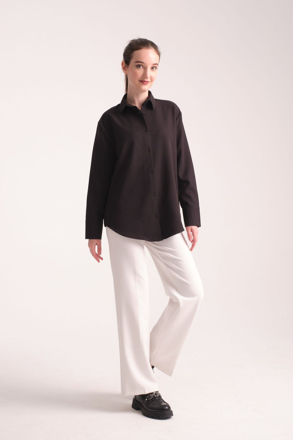 Pure Oversize Iç Göstermeyen Uzun Basic Kadın Gömlek Siyah