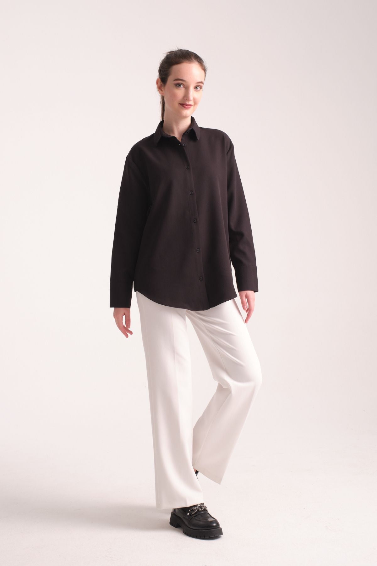Pure Oversize Iç Göstermeyen Uzun Basic Kadın Gömlek Siyah