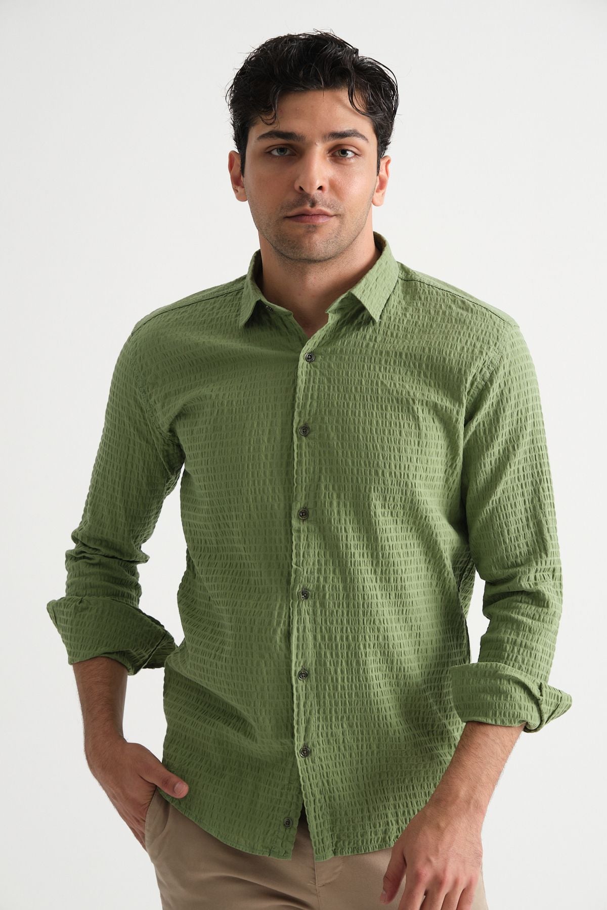 Erkek %100 Pamuk Yazlık Regular Fit Gömlek 2641 Yeşil