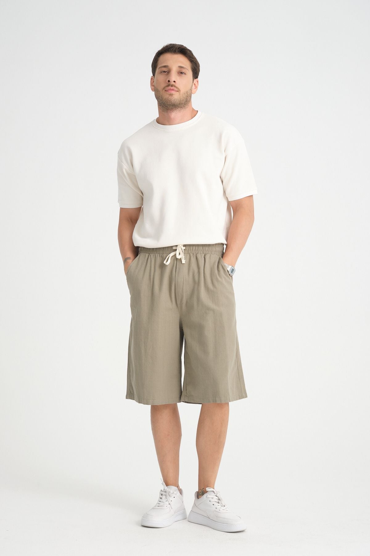 Erkek Baggy Fit Rahat Kesim %100 Pamuk Yumuşak Dokulu Şort Kapri Haki