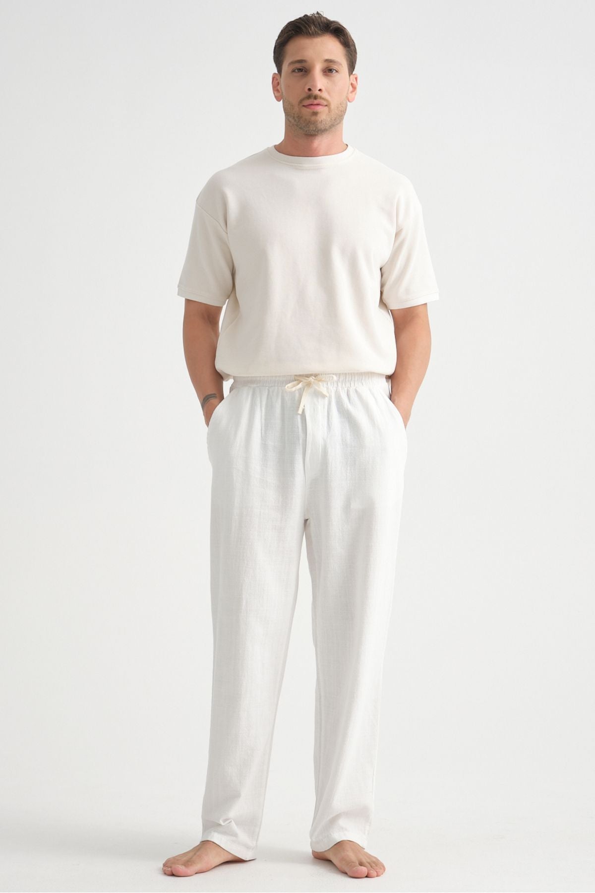 Comforted Erkek Baggy Keten Rahat Pantolon Bol Paça Yeni Sezon Beyaz