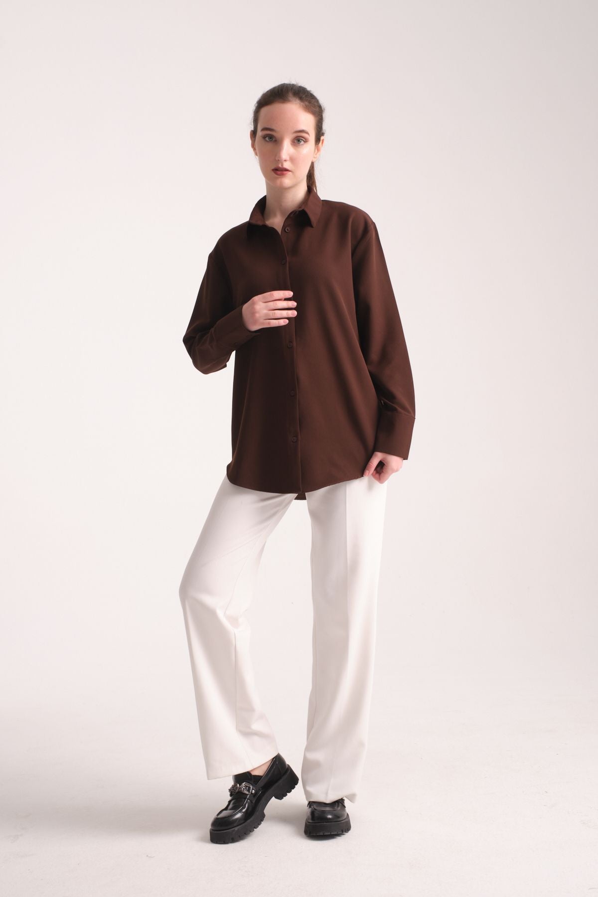 Pure Oversize Iç Göstermeyen Uzun Basic Kadın Gömlek Kahverengi