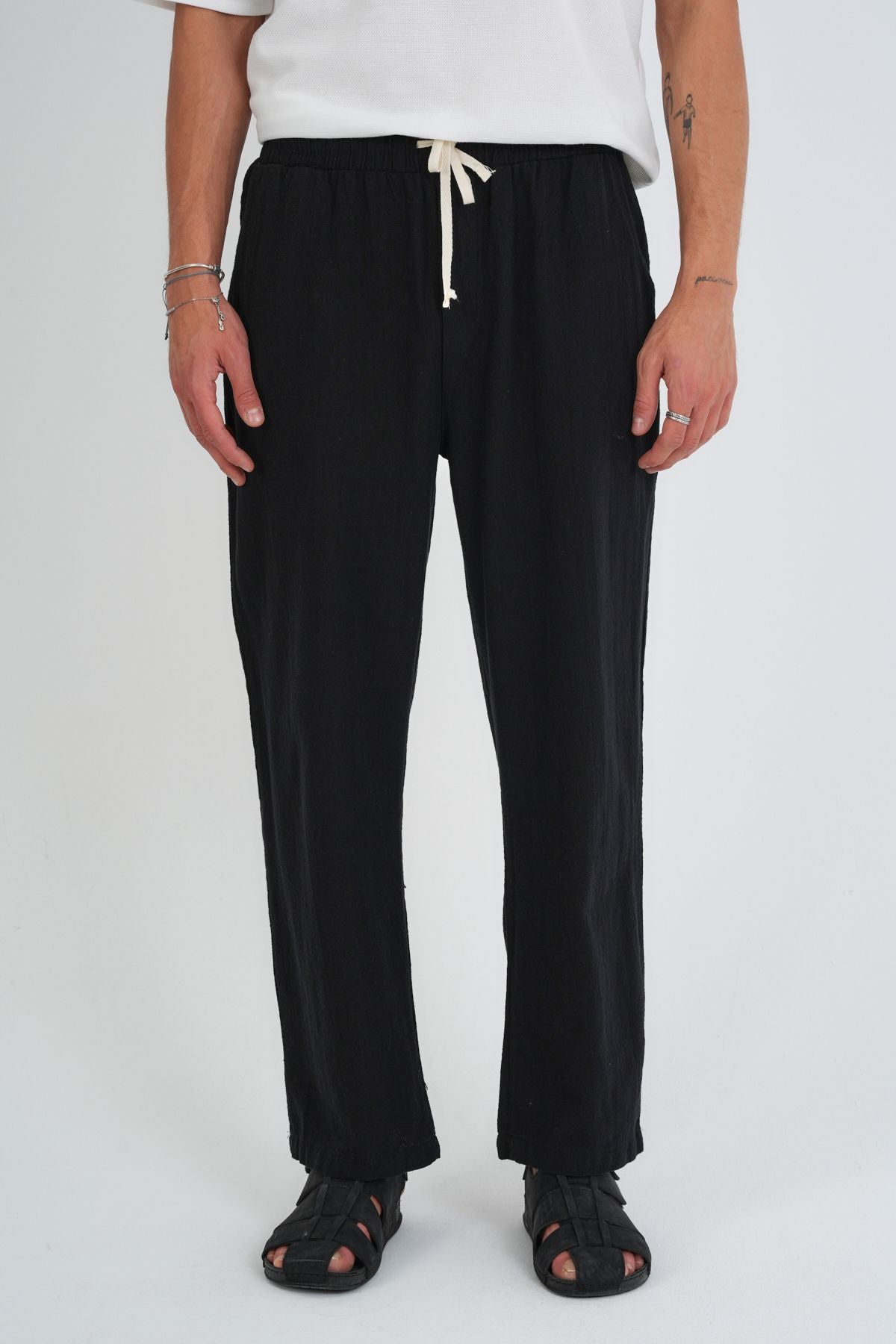 Comforted Erkek Baggy Keten Rahat Pantolon Bol Paça Yeni Sezon Siyah