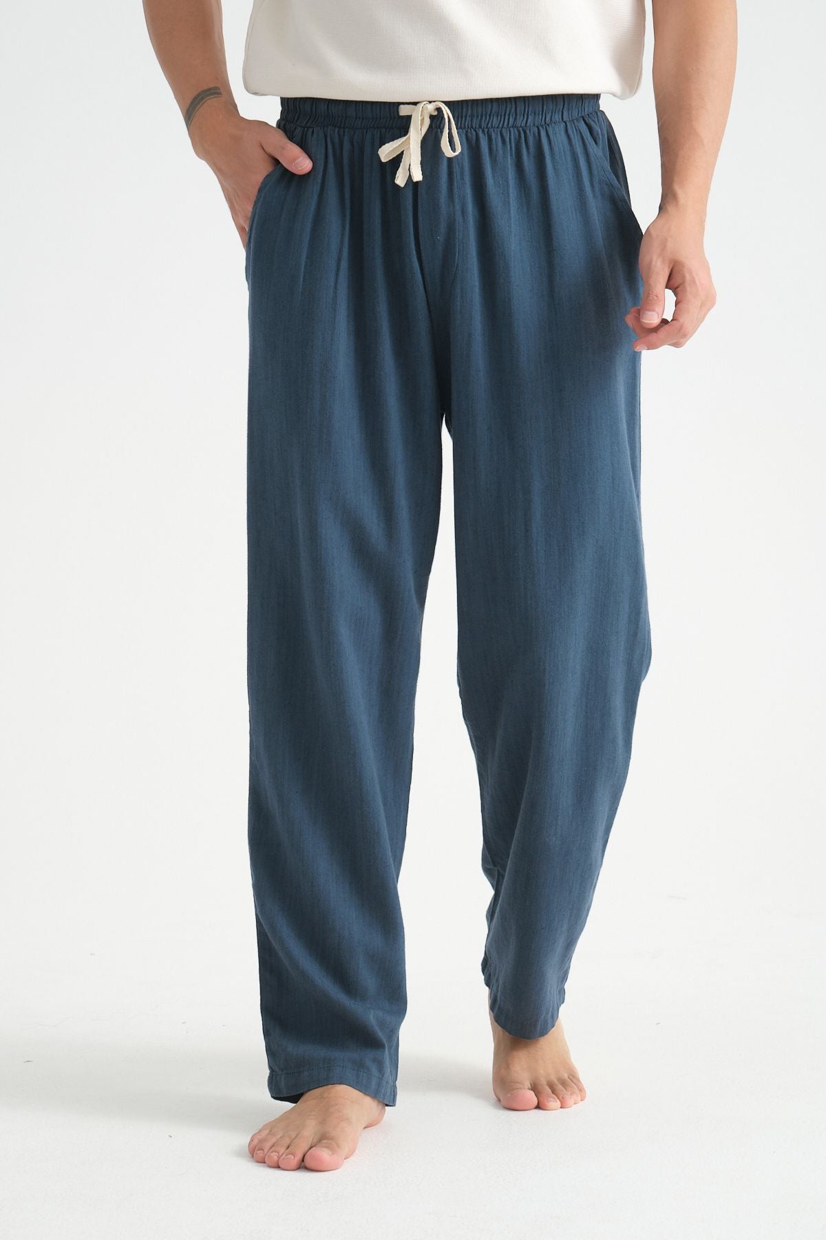 Luxe Erkek Baggy Keten Karışımı Rahat Pantolon Bol Paça Yeni Sezon Lacivert