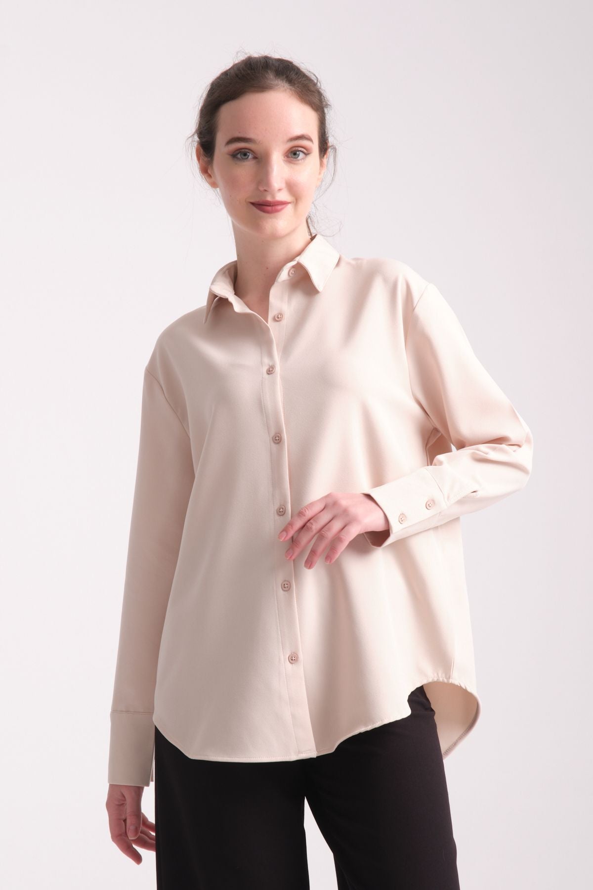 Pure Oversize Iç Göstermeyen Uzun Basic Kadın Gömlek Bej