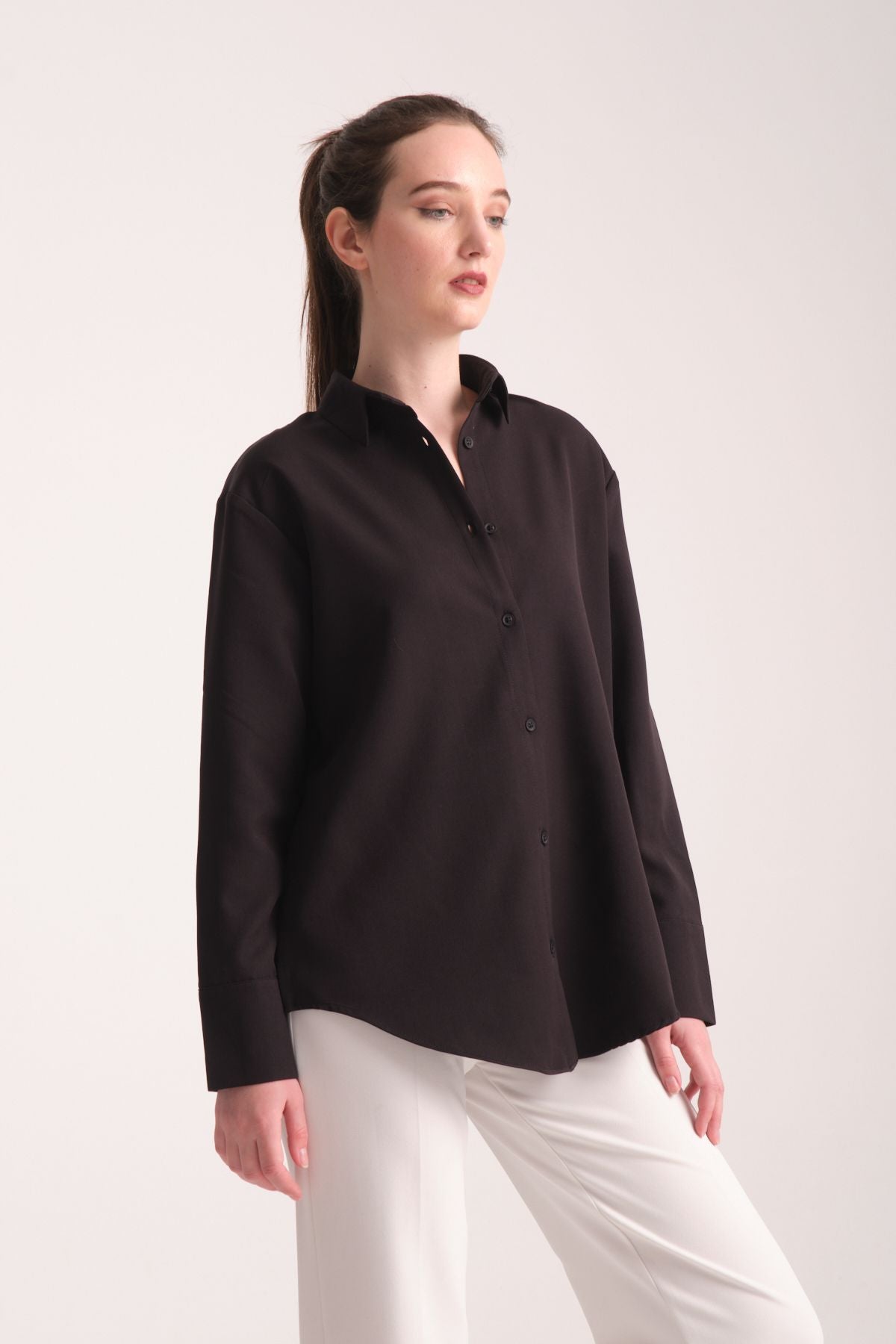 Pure Oversize Iç Göstermeyen Uzun Basic Kadın Gömlek Siyah
