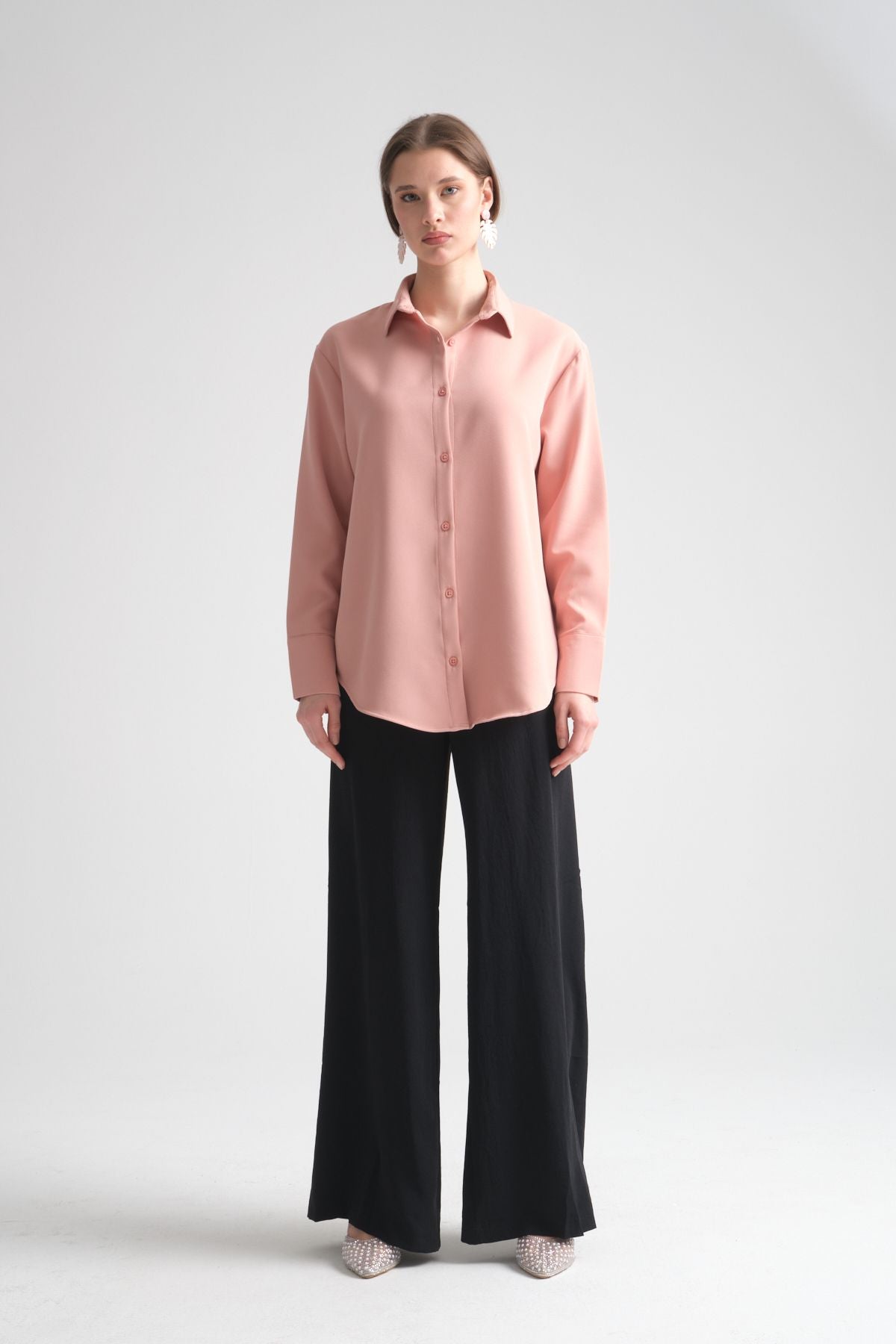 Pure Oversize Iç Göstermeyen Uzun Basic Kadın Gömlek Pembe