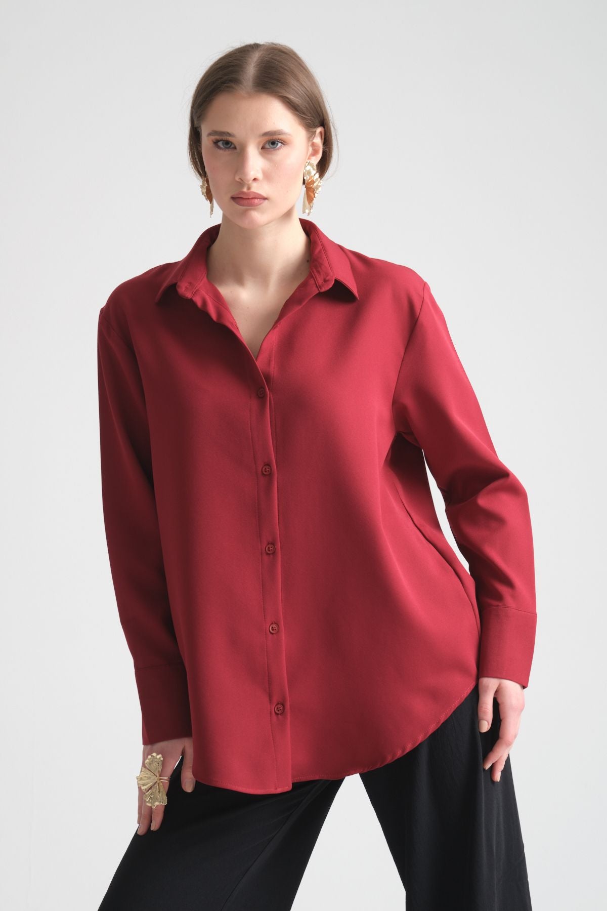 Pure Oversize Iç Göstermeyen Uzun Basic Kadın Gömlek Bordo