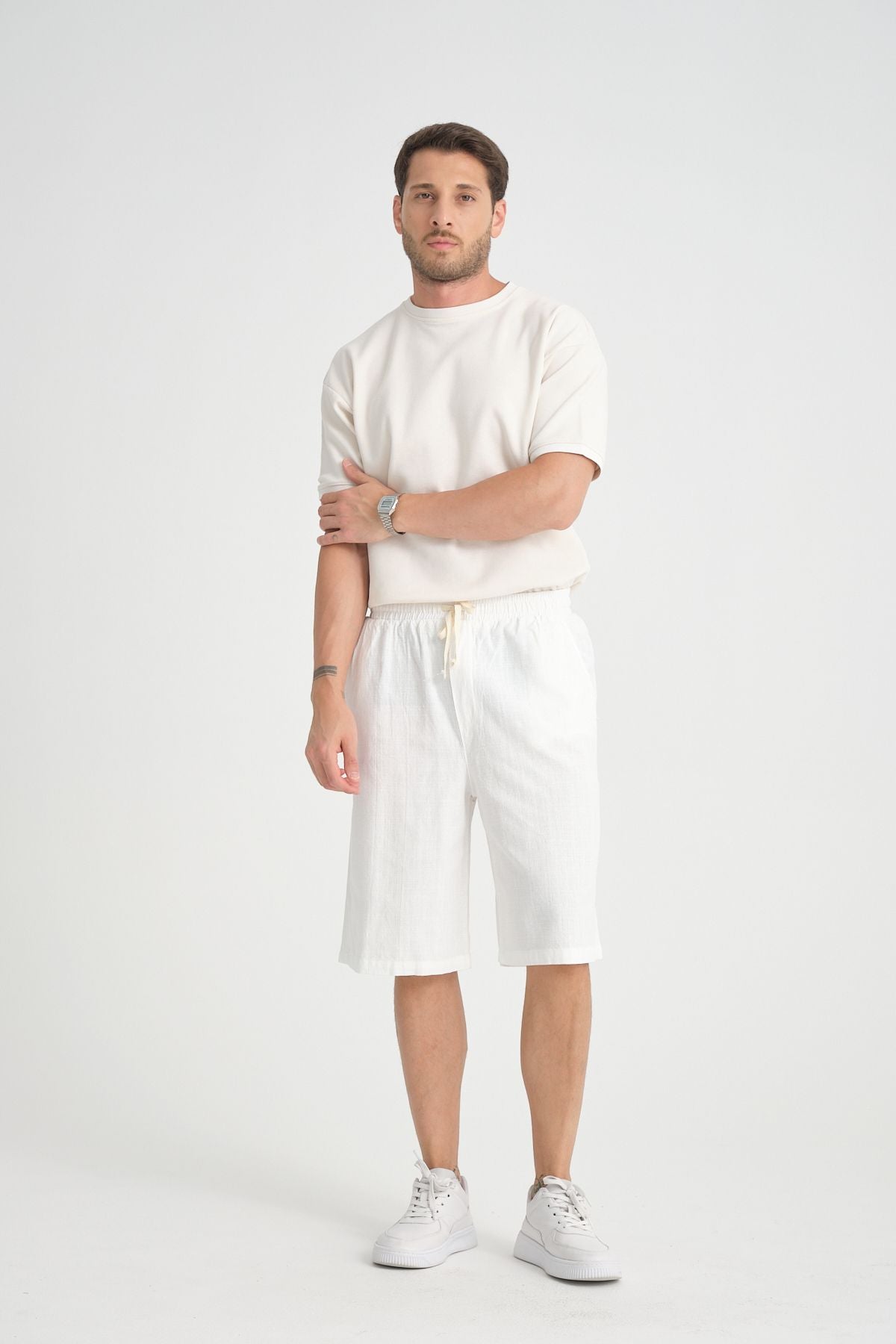 Erkek Baggy Fit Rahat Kesim %100 Pamuk Yumuşak Dokulu Şort Kapri Beyaz