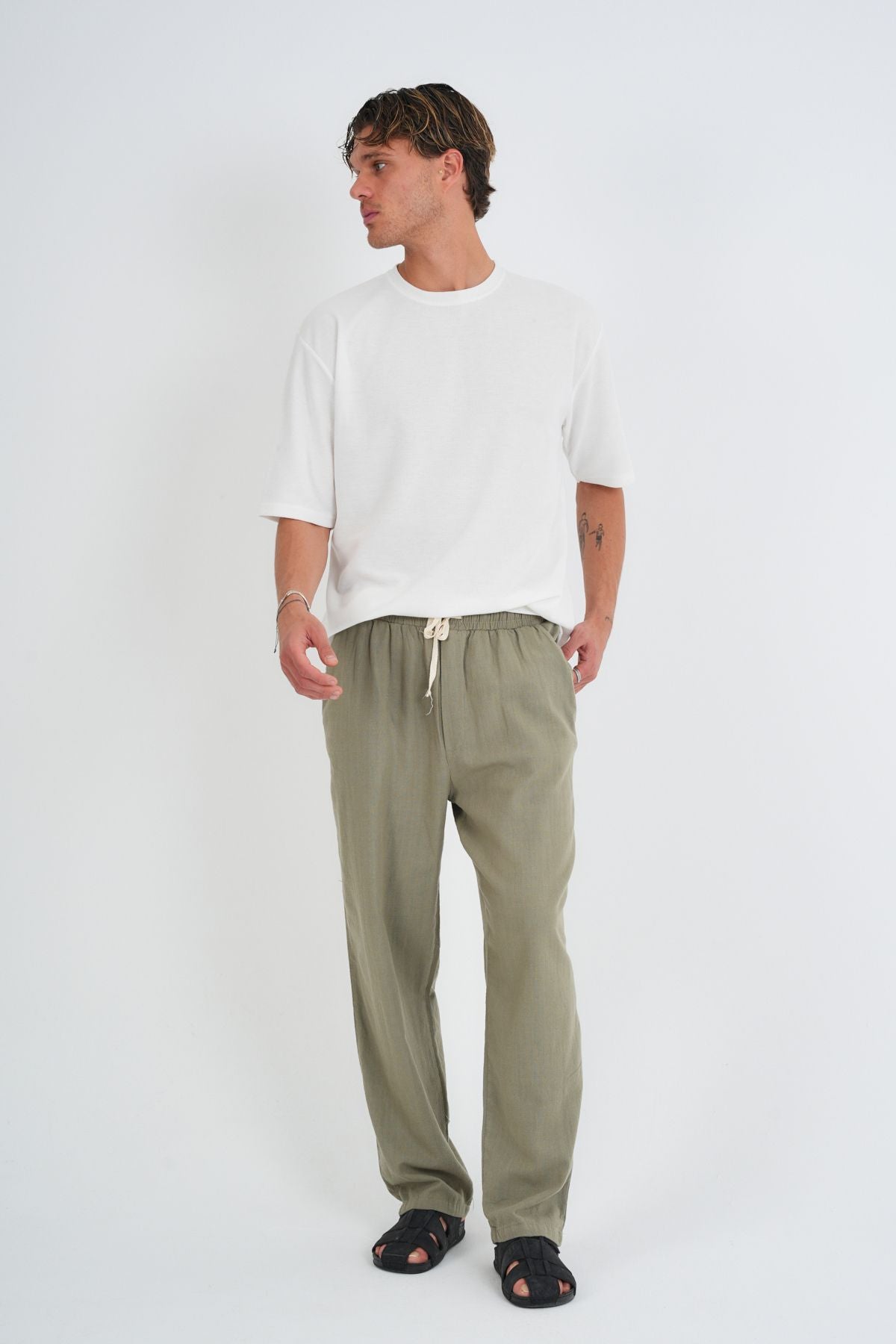 Comforted Erkek Baggy Keten Rahat Pantolon Bol Paça Yeni Sezon Haki