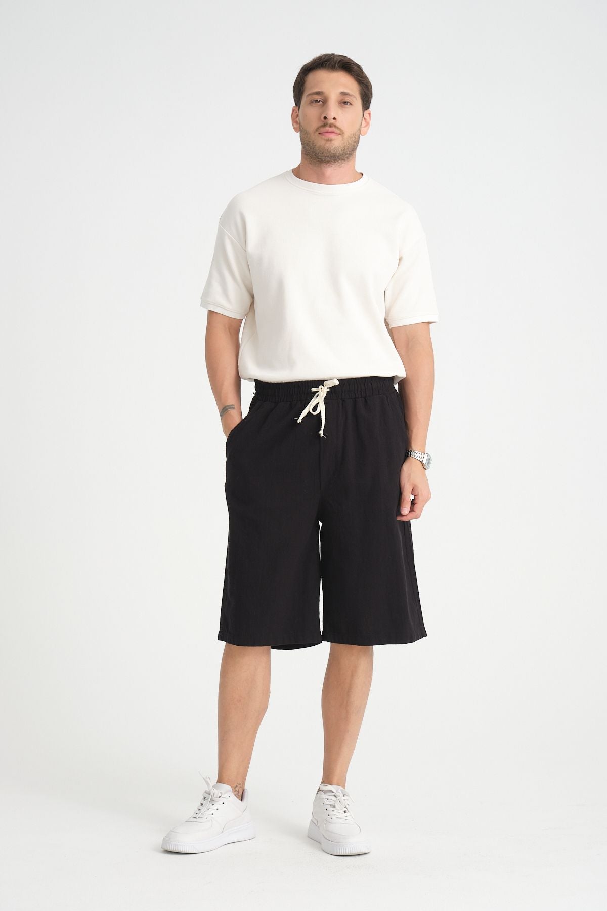 Erkek Baggy Fit Rahat Kesim %100 Pamuk Yumuşak Dokulu Şort Kapri Siyah