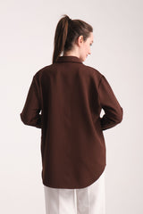 Pure Oversize Iç Göstermeyen Uzun Basic Kadın Gömlek Kahverengi