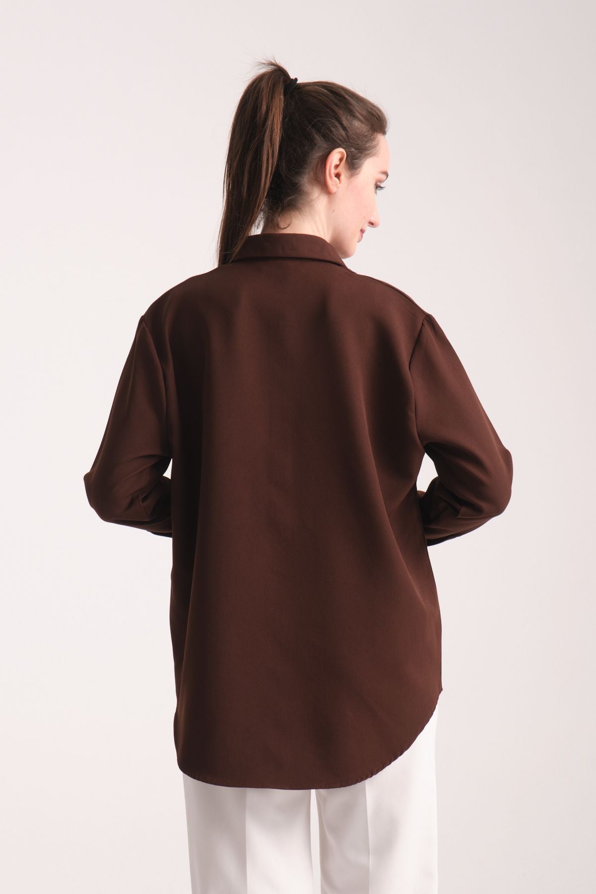 Pure Oversize Iç Göstermeyen Uzun Basic Kadın Gömlek Kahverengi