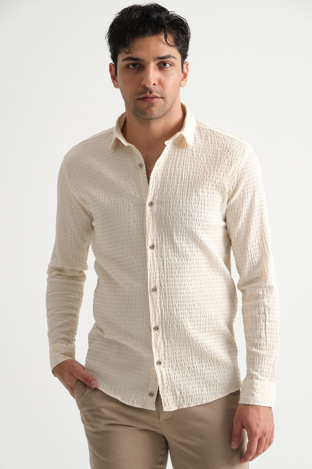 Erkek %100 Pamuk Yazlık Regular Fit Gömlek 2641 Bej