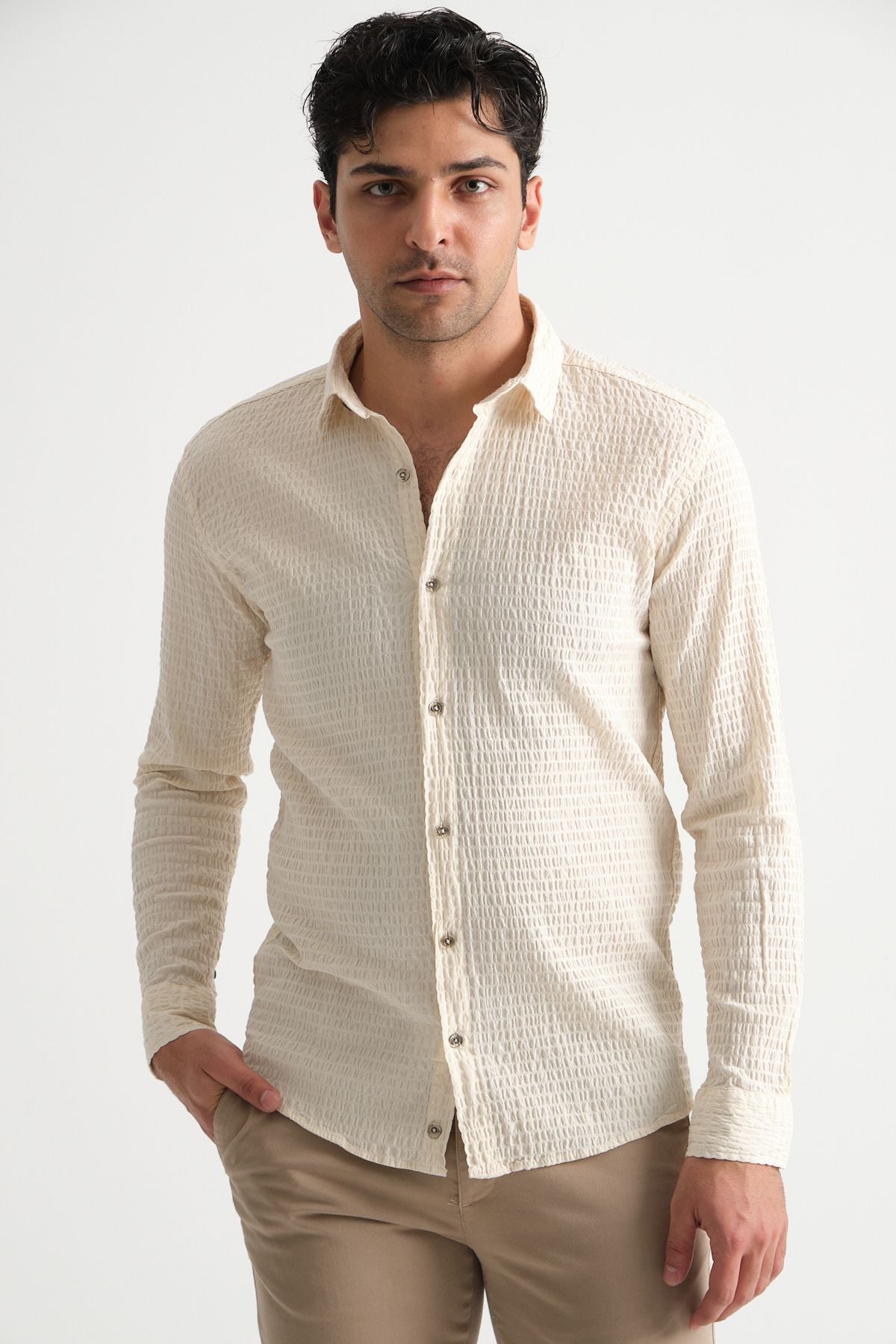 Erkek %100 Pamuk Yazlık Regular Fit Gömlek 2641 Bej