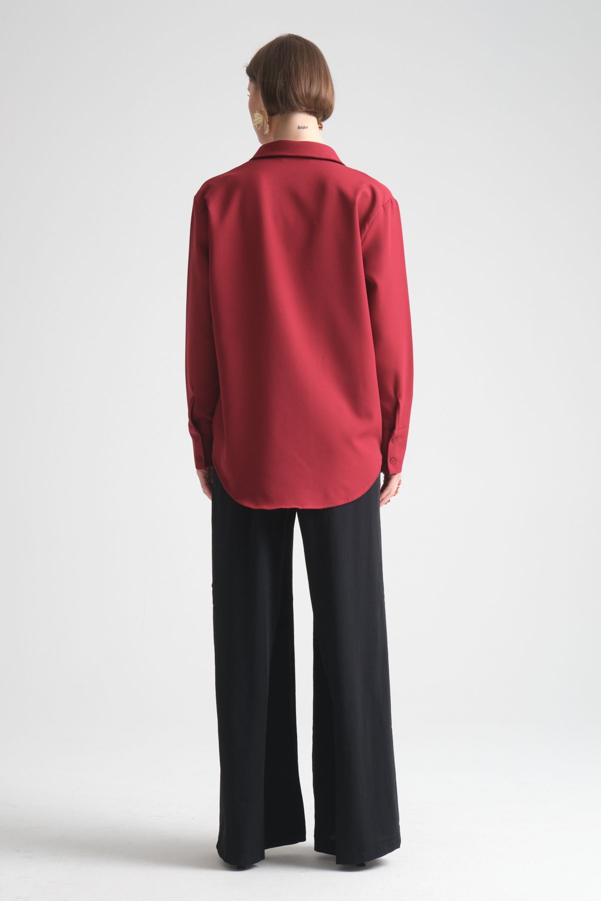 Pure Oversize Iç Göstermeyen Uzun Basic Kadın Gömlek Bordo