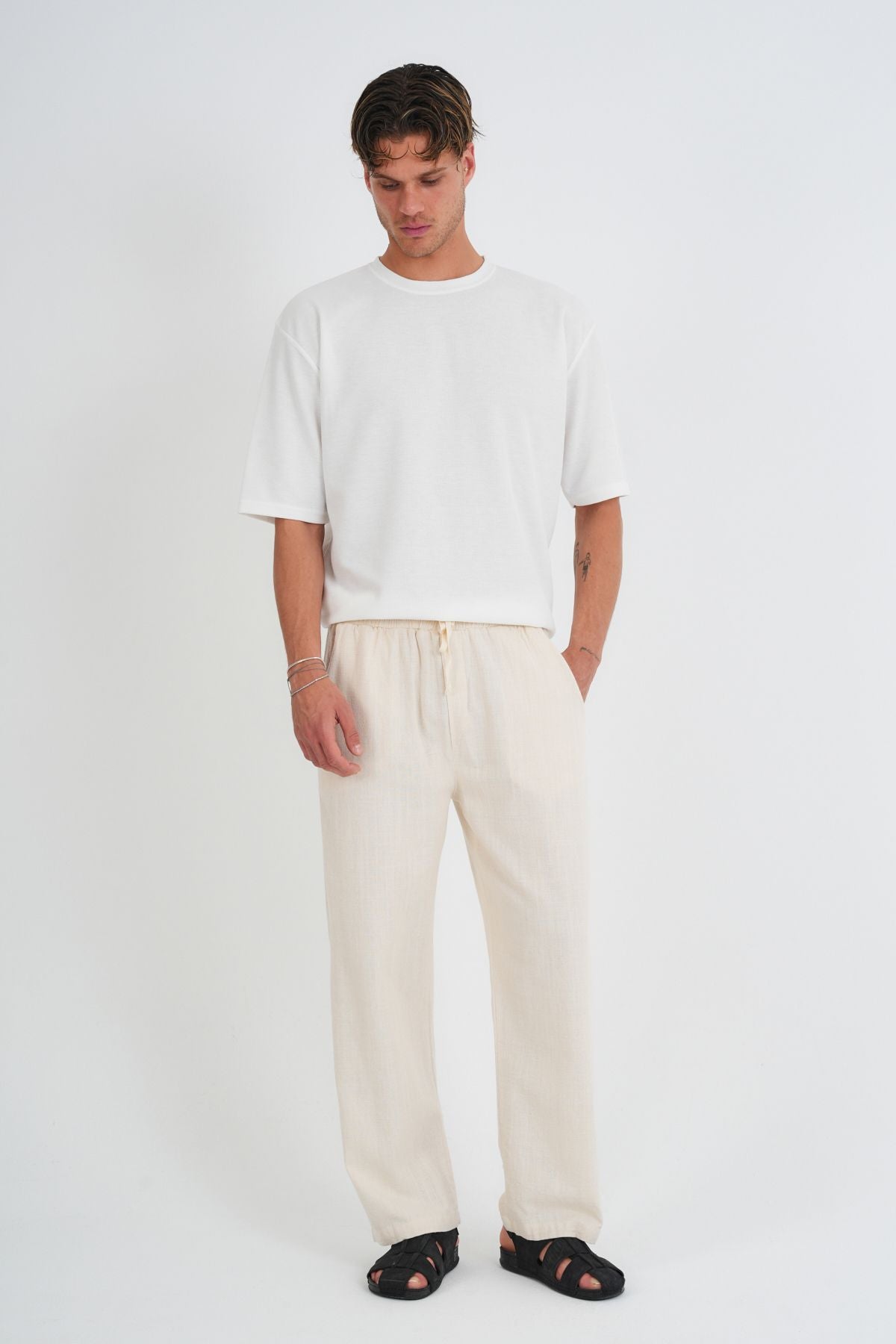 Comforted Erkek Baggy Keten Rahat Pantolon Bol Paça Yeni Sezon Bej