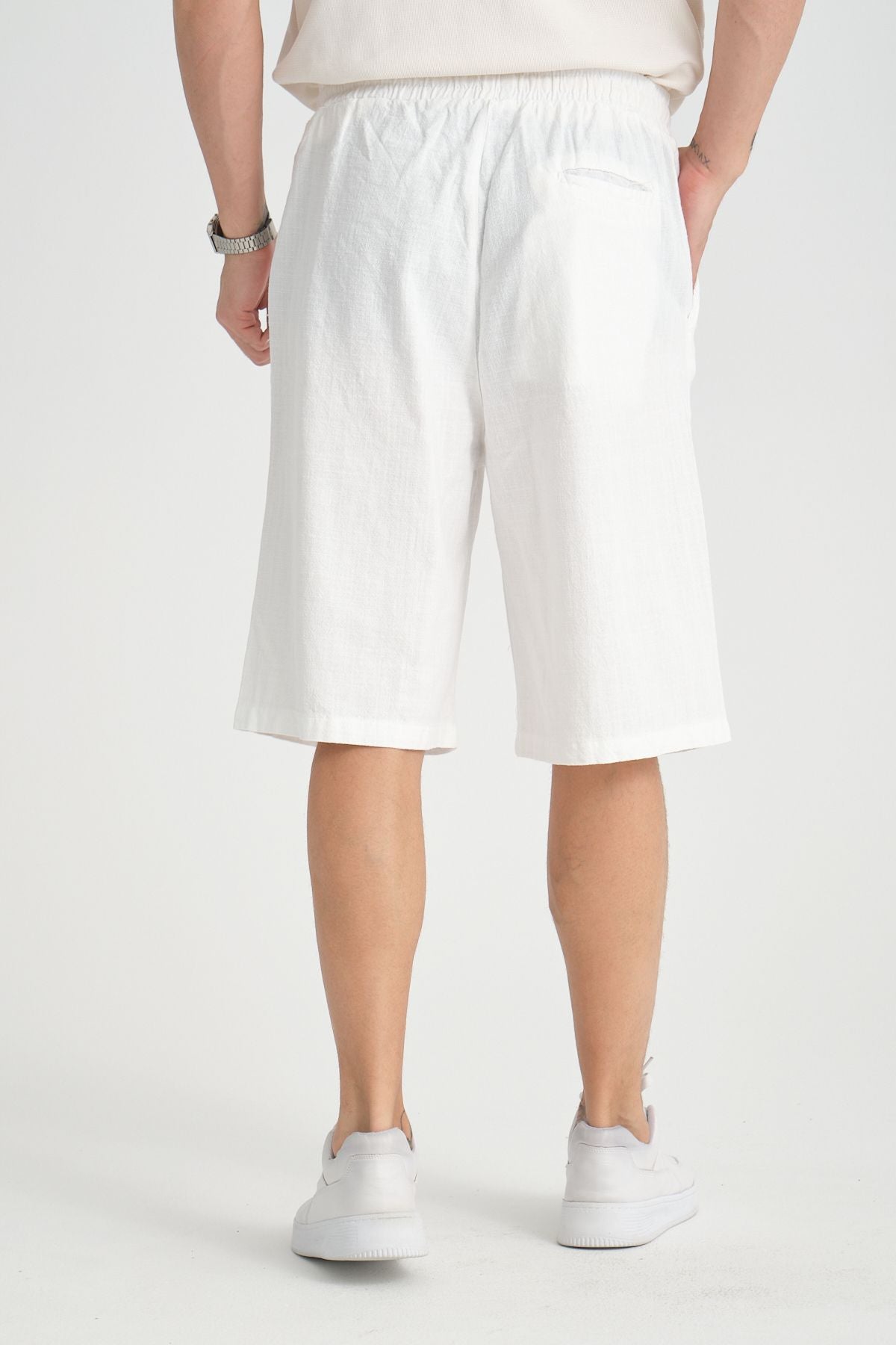 Erkek Baggy Fit Rahat Kesim %100 Pamuk Yumuşak Dokulu Şort Kapri Beyaz