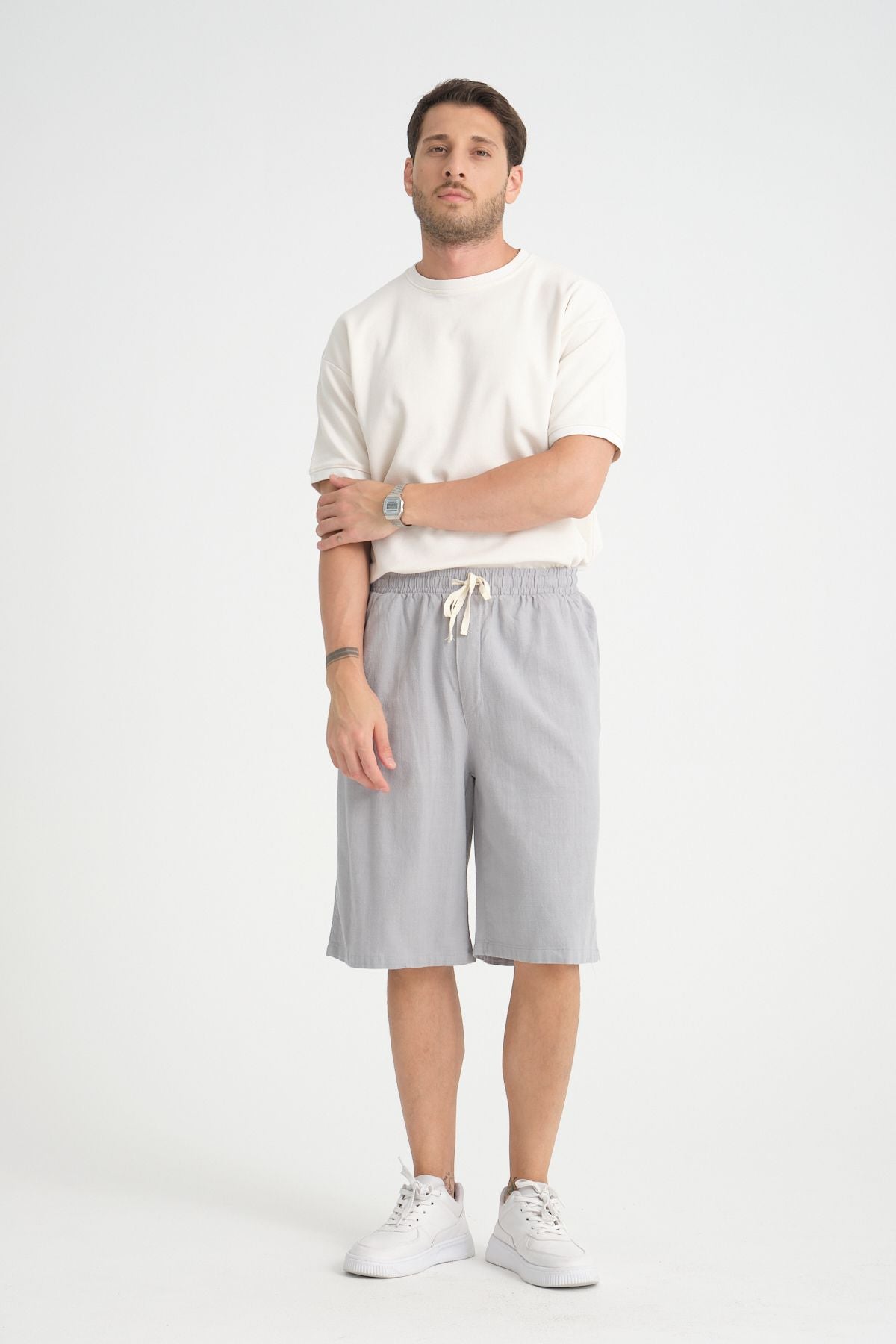 Erkek Baggy Fit Rahat Kesim %100 Pamuk Yumuşak Dokulu Şort Kapri Gri