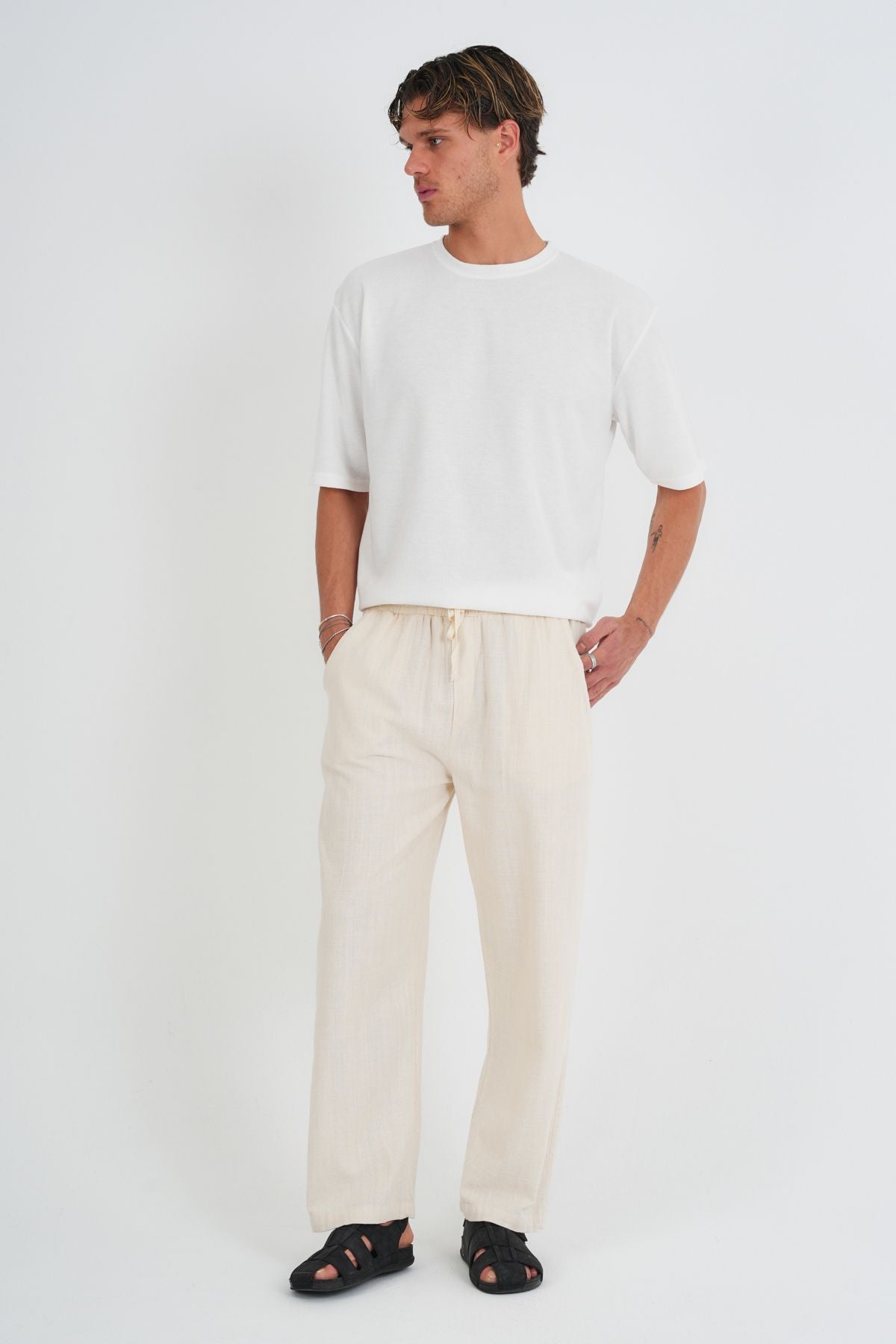 Comforted Erkek Baggy Keten Rahat Pantolon Bol Paça Yeni Sezon Bej