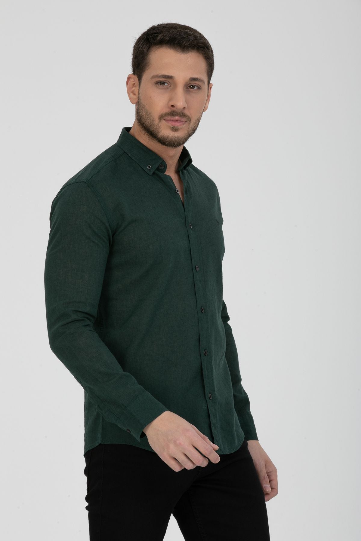 Erkek Yıkamalı Keten Basic Gömlek Slim Fit 2198 Yeşil