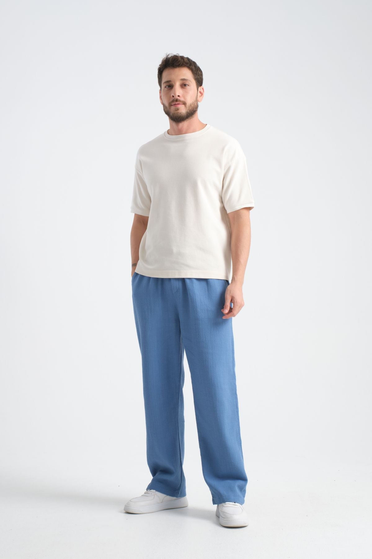 Thicked Erkek Kalın Baggy Keten Görünümlü Rahat Pantolon Bol Paça Yeni Sezon İndigo
