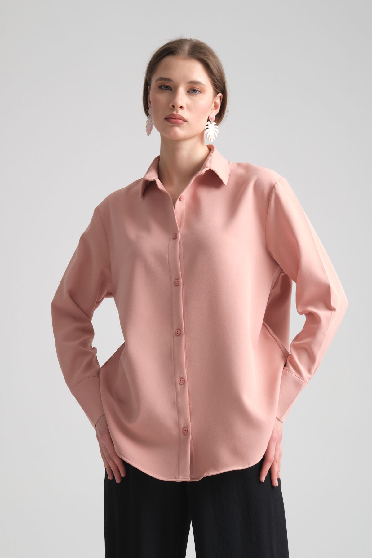 Pure Oversize Iç Göstermeyen Uzun Basic Kadın Gömlek Pembe