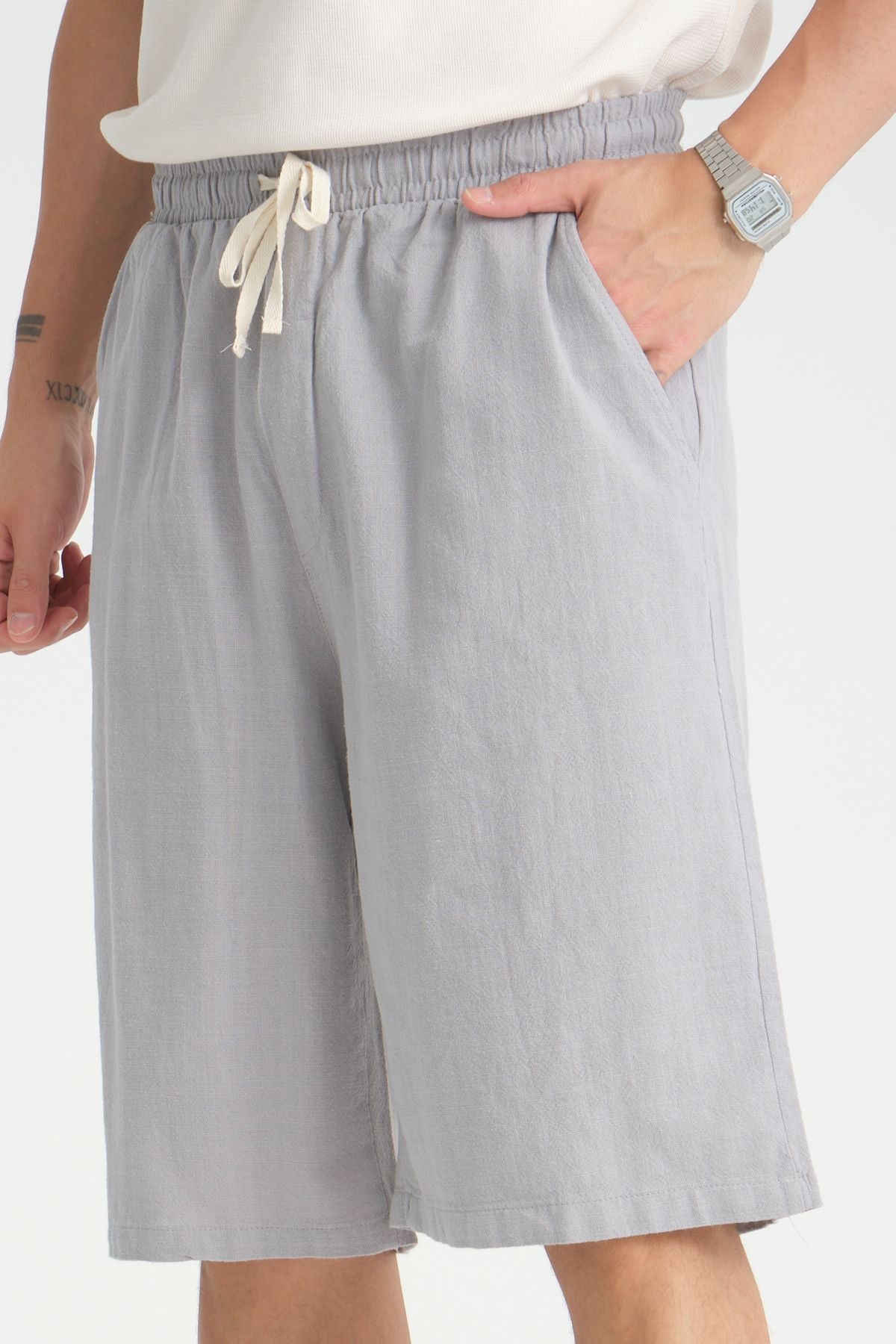 Erkek Baggy Fit Rahat Kesim %100 Pamuk Yumuşak Dokulu Şort Kapri Gri