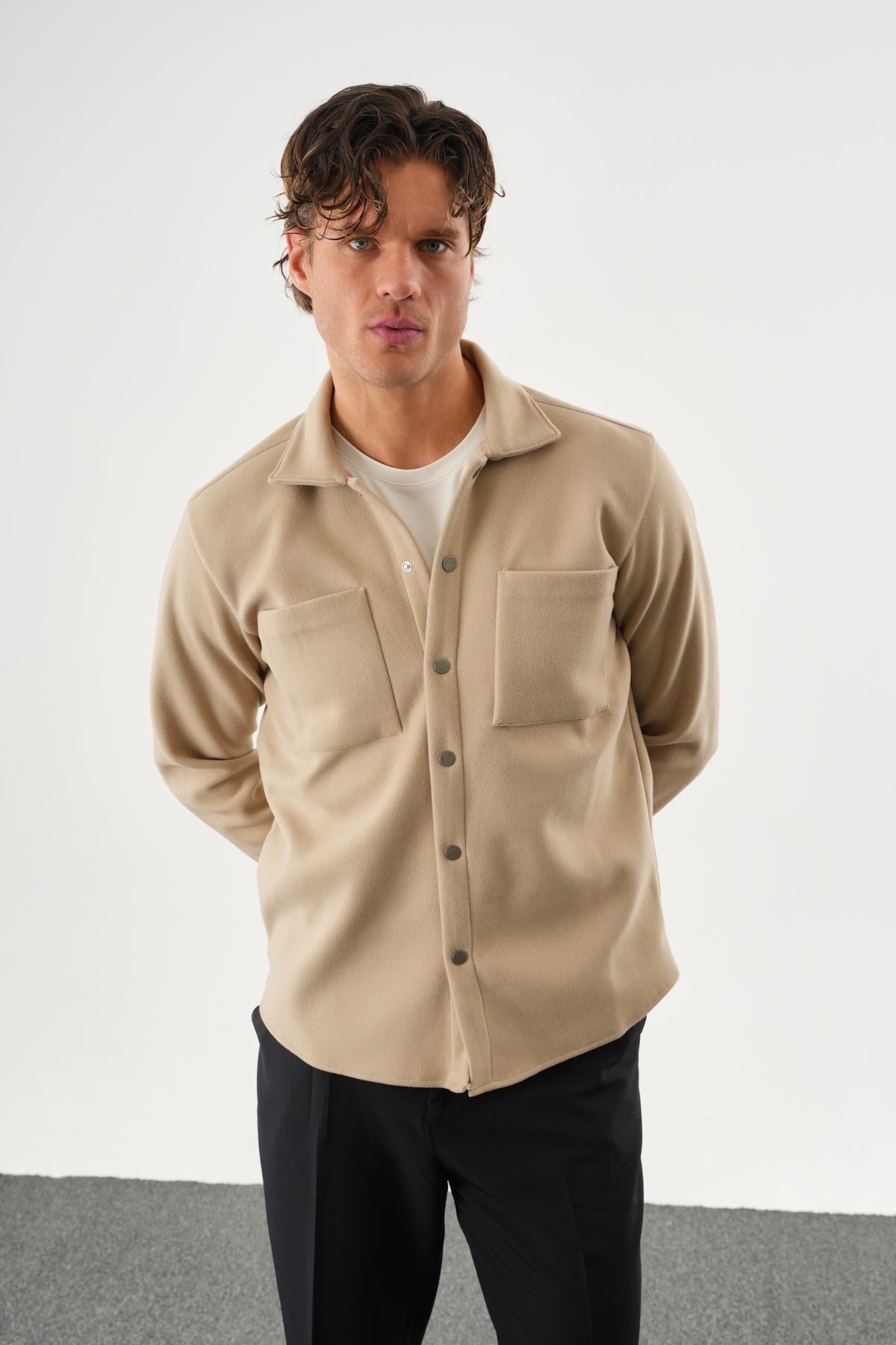 FELT Erkek Oversize Kaşe Gömlek Bej