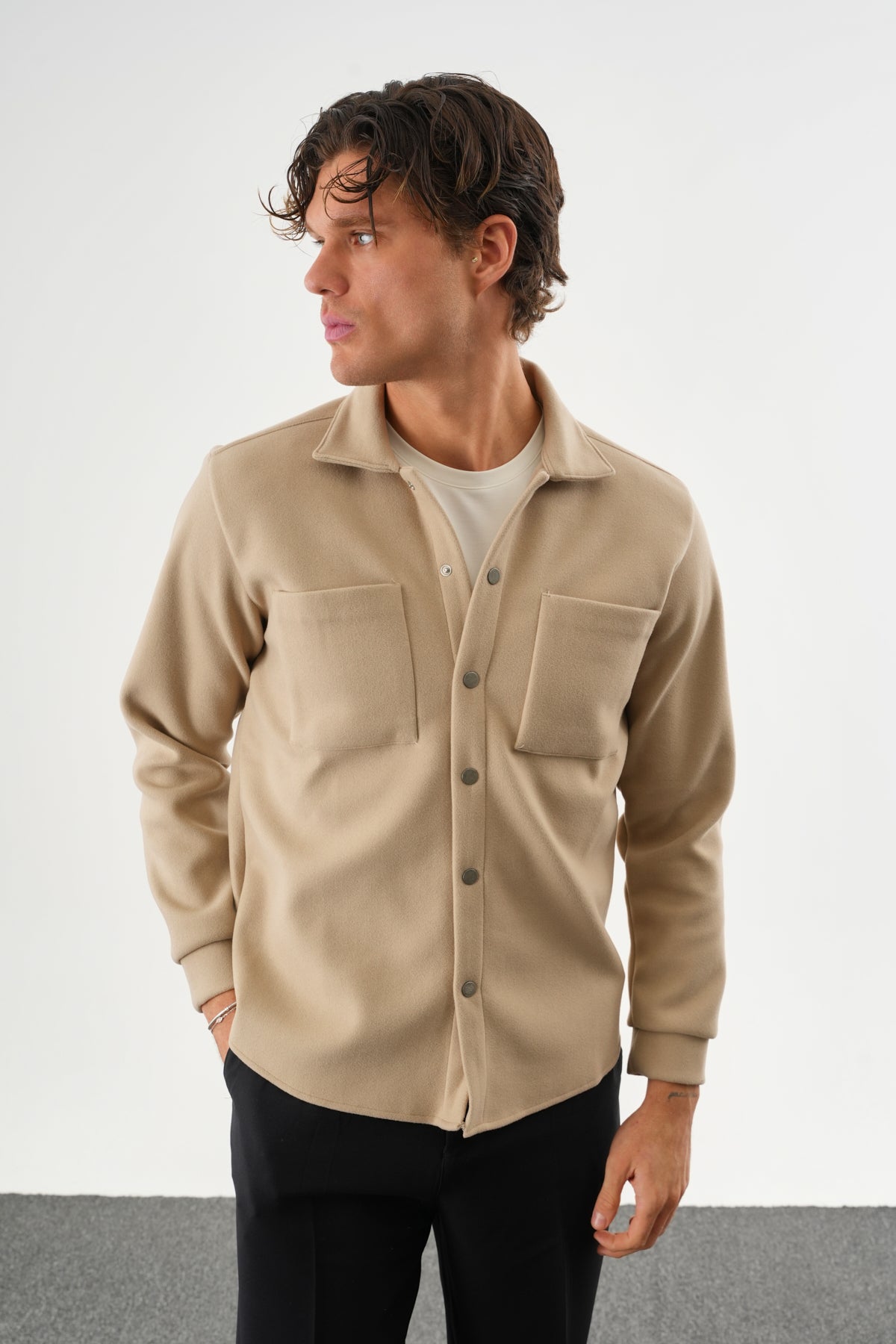 FELT Erkek Oversize Kaşe Gömlek Bej