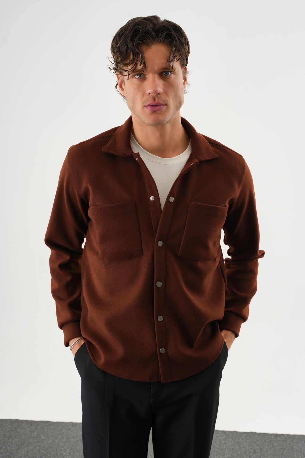 FELT Erkek Oversize Kaşe Gömlek Kahverengi