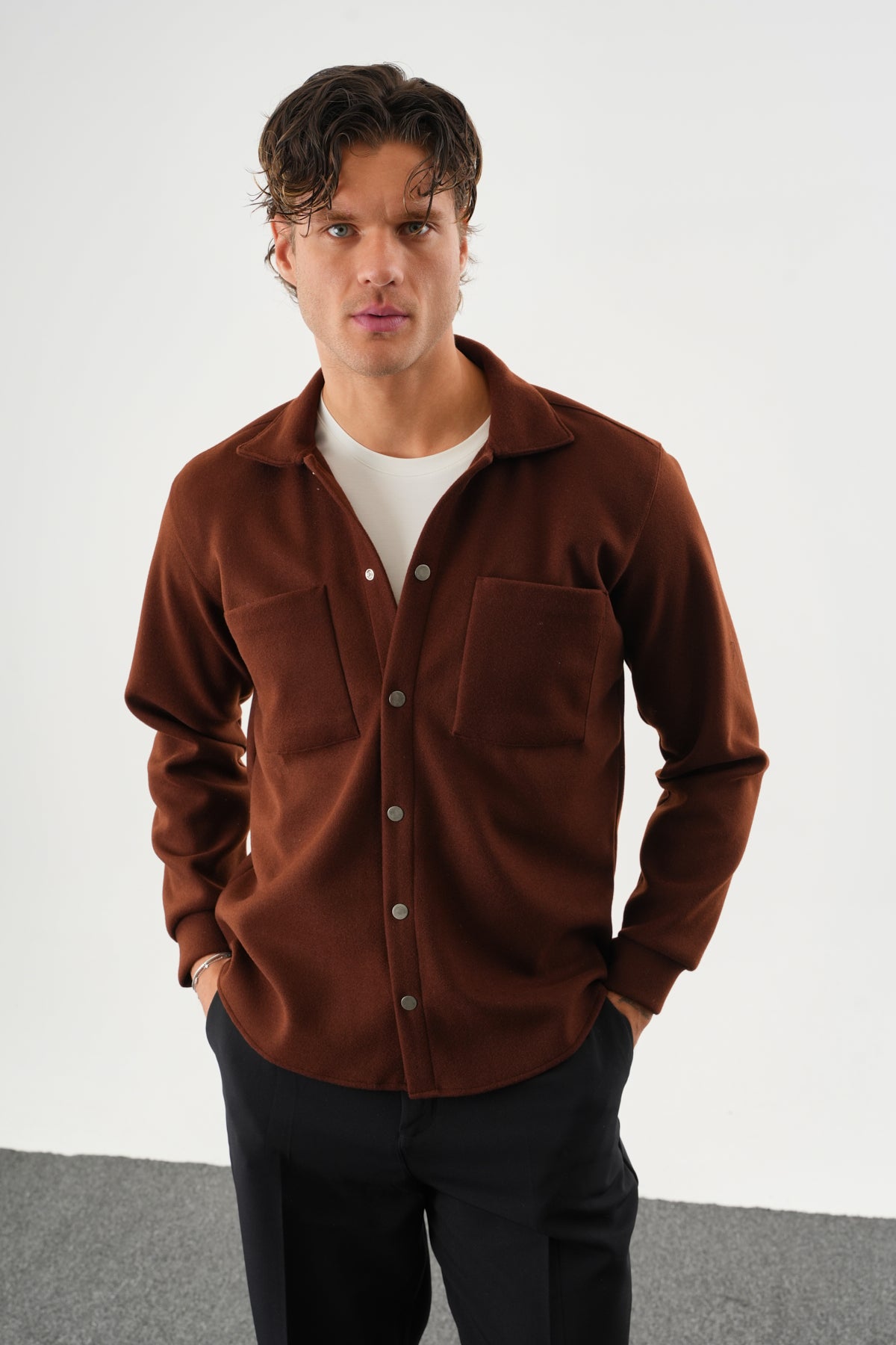 FELT Erkek Oversize Kaşe Gömlek Kahverengi