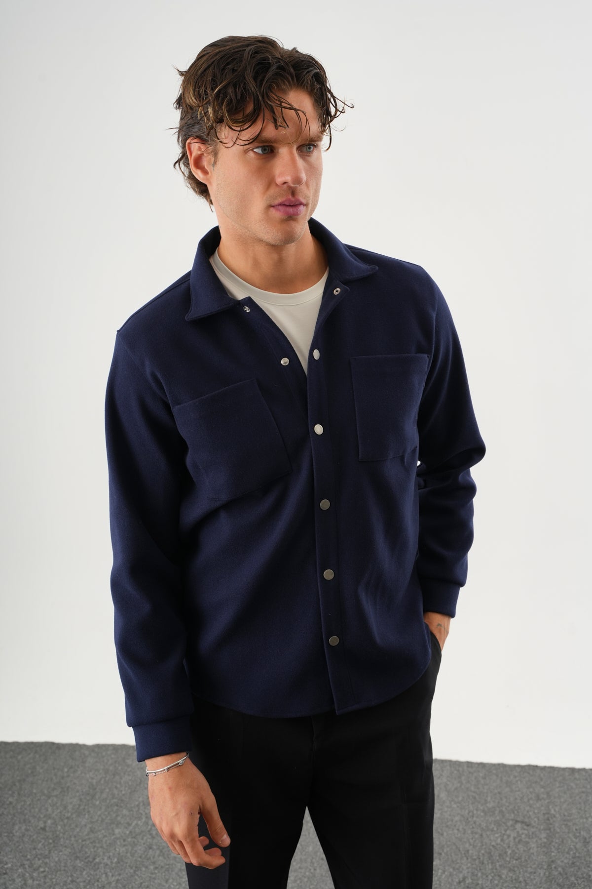 FELT Erkek Oversize Kaşe Gömlek Lacivert