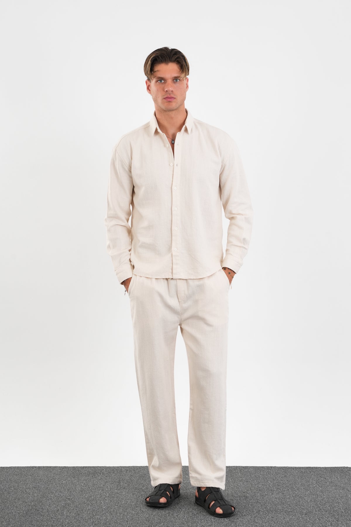 Flare Kışlık Baggy Pantolon Oversize Gömlek Alt üst Takım Bej