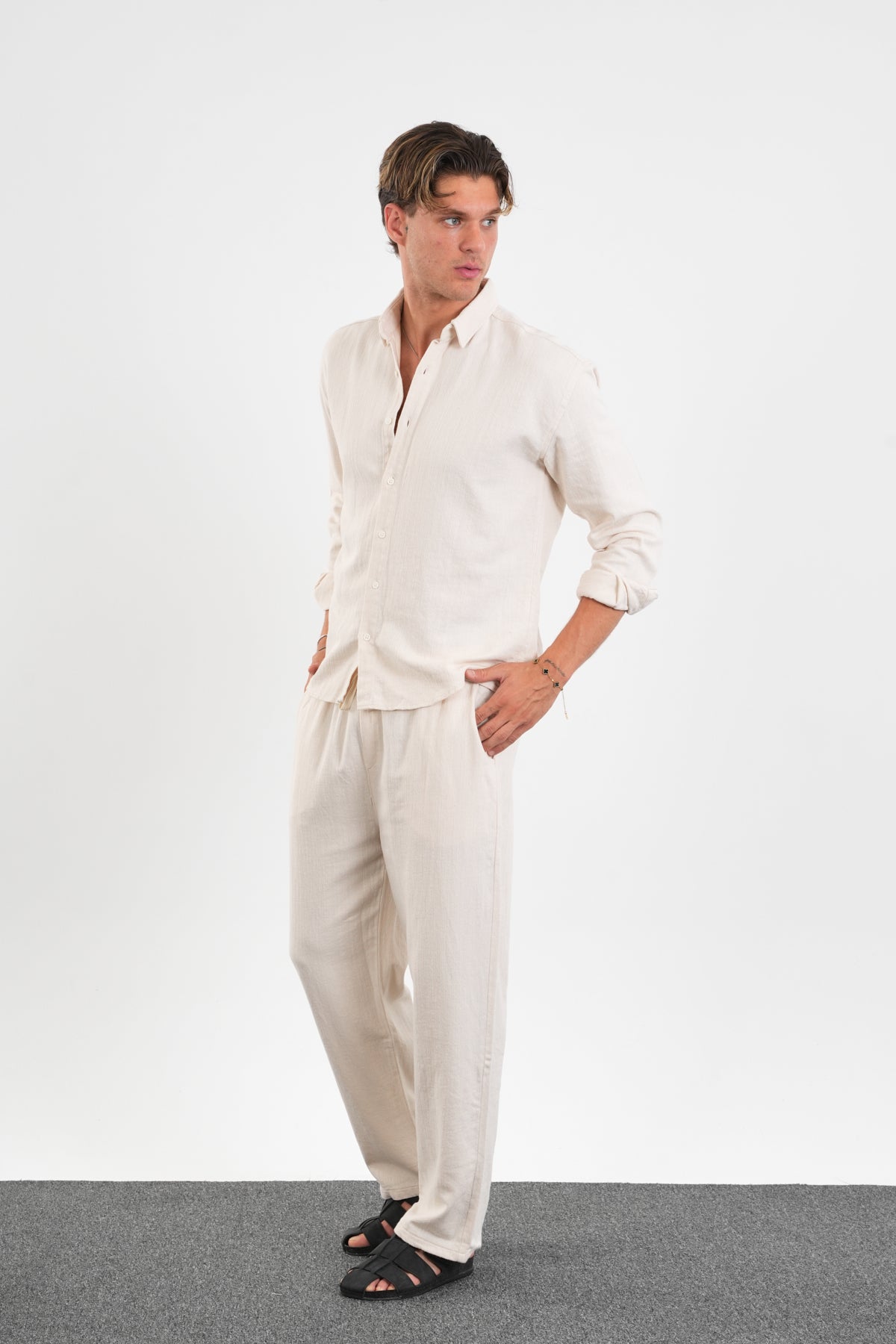 Flare Kışlık Baggy Pantolon Oversize Gömlek Alt üst Takım Bej