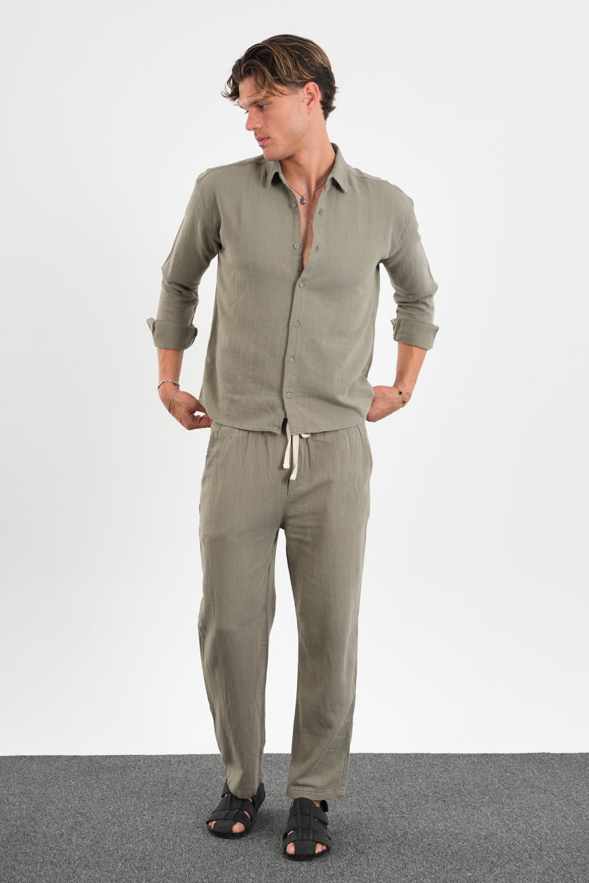 Flare Kışlık Baggy Pantolon Oversize Gömlek Alt üst Takım Haki