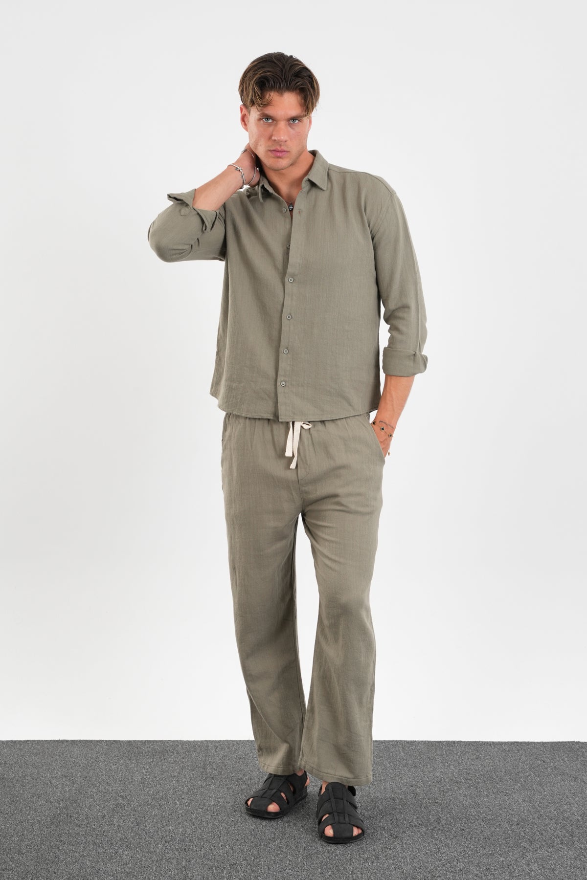 Flare Kışlık Baggy Pantolon Oversize Gömlek Alt üst Takım Haki