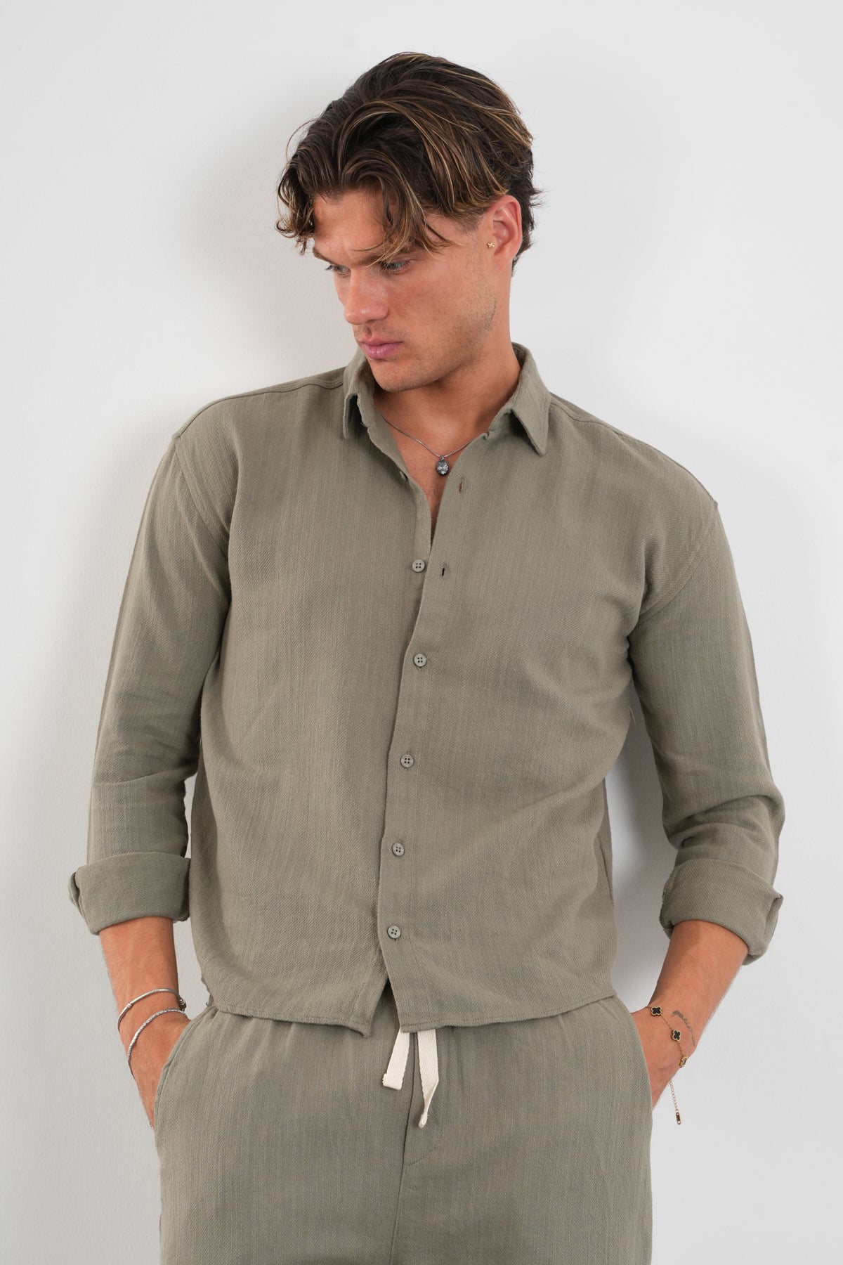 Flare Kışlık Baggy Pantolon Oversize Gömlek Alt üst Takım Haki