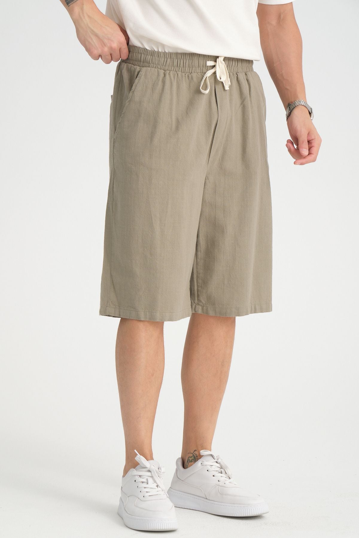 Erkek Baggy Fit Rahat Kesim %100 Pamuk Yumuşak Dokulu Şort Kapri Haki