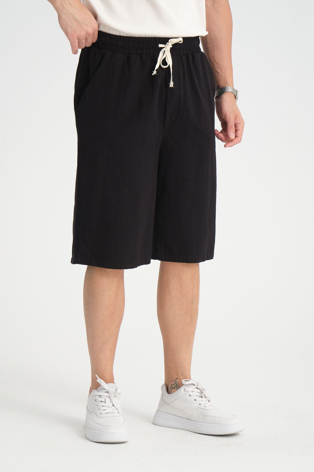 Erkek Baggy Fit Rahat Kesim %100 Pamuk Yumuşak Dokulu Şort Kapri Siyah