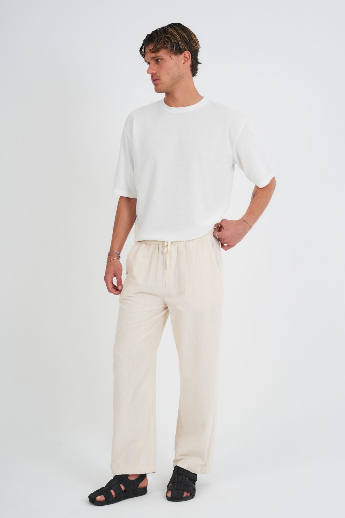 Comforted Erkek Baggy Keten Rahat Pantolon Bol Paça Yeni Sezon Bej