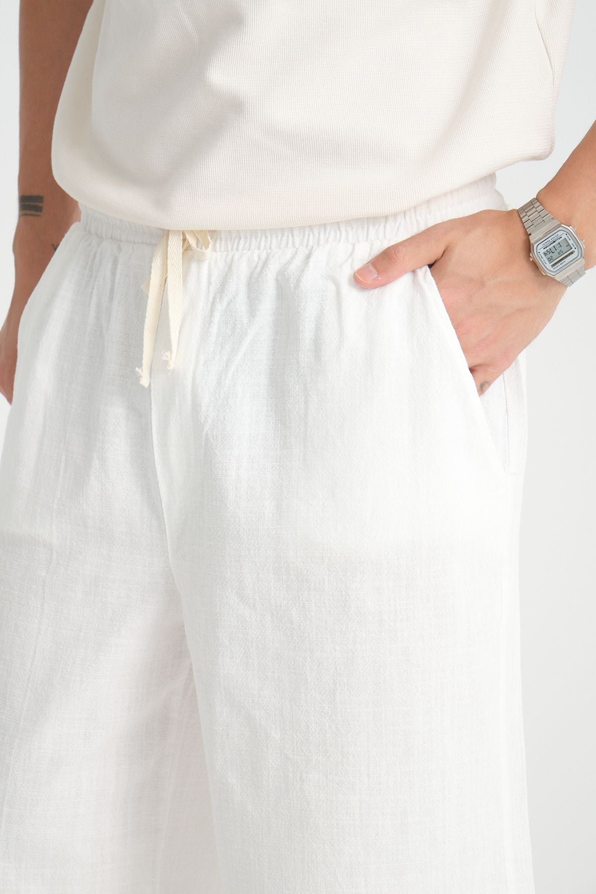 Erkek Baggy Fit Rahat Kesim %100 Pamuk Yumuşak Dokulu Şort Kapri Beyaz