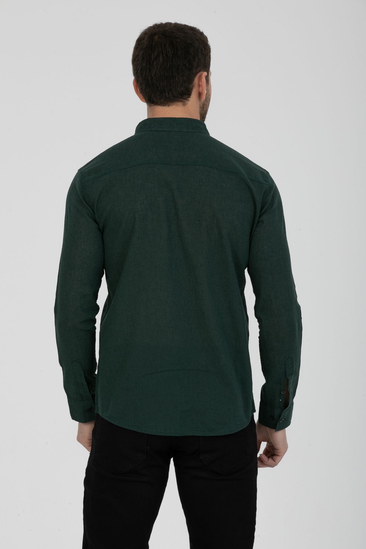 Erkek Yıkamalı Keten Basic Gömlek Slim Fit 2198 Yeşil