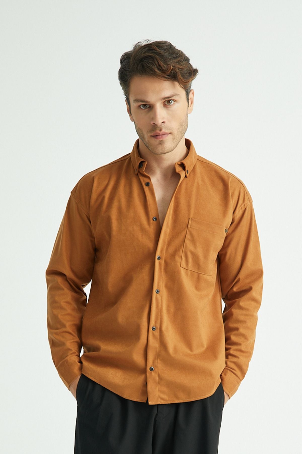 Erkek Regular Fit Kadife Kışlık Gömlek Taba
