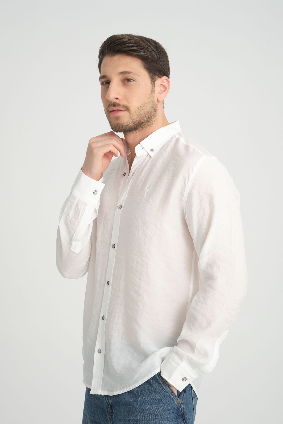 Erkek Yazlık Dökümlü İnce Regular Fit Gömlek BEYAZ