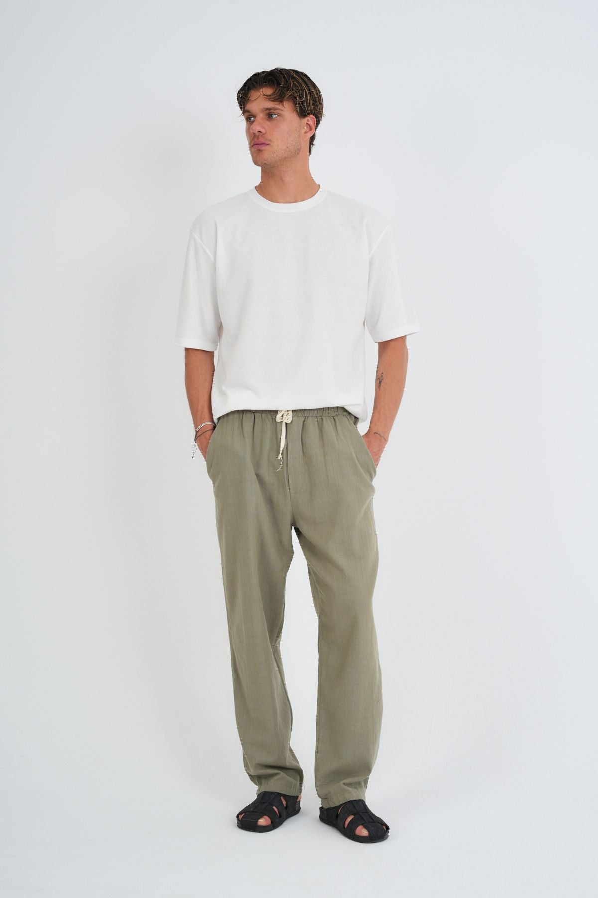 Comforted Erkek Baggy Keten Rahat Pantolon Bol Paça Yeni Sezon Haki