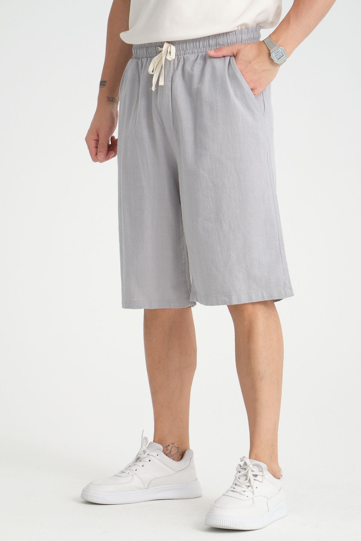 Erkek Baggy Fit Rahat Kesim %100 Pamuk Yumuşak Dokulu Şort Kapri Gri