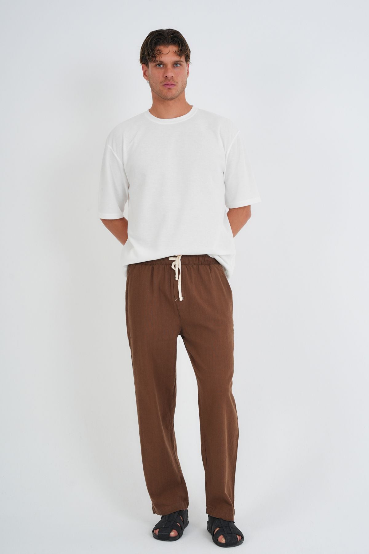 Comforted Erkek Baggy Keten Rahat Pantolon Bol Paça Yeni Sezon Kahverengi